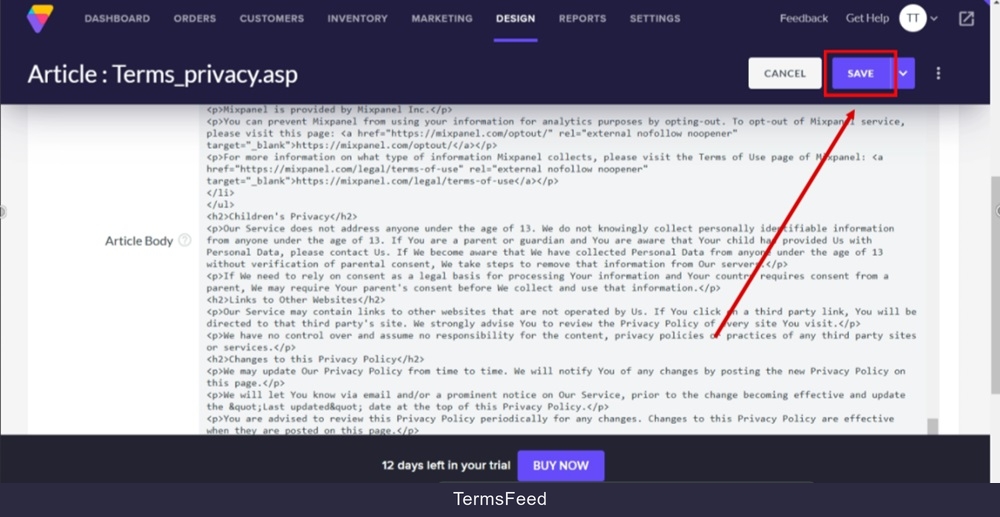 TermsFeed Volusion - Site Content - Articles list - Privacy Policy - Body - Pasted - Save
