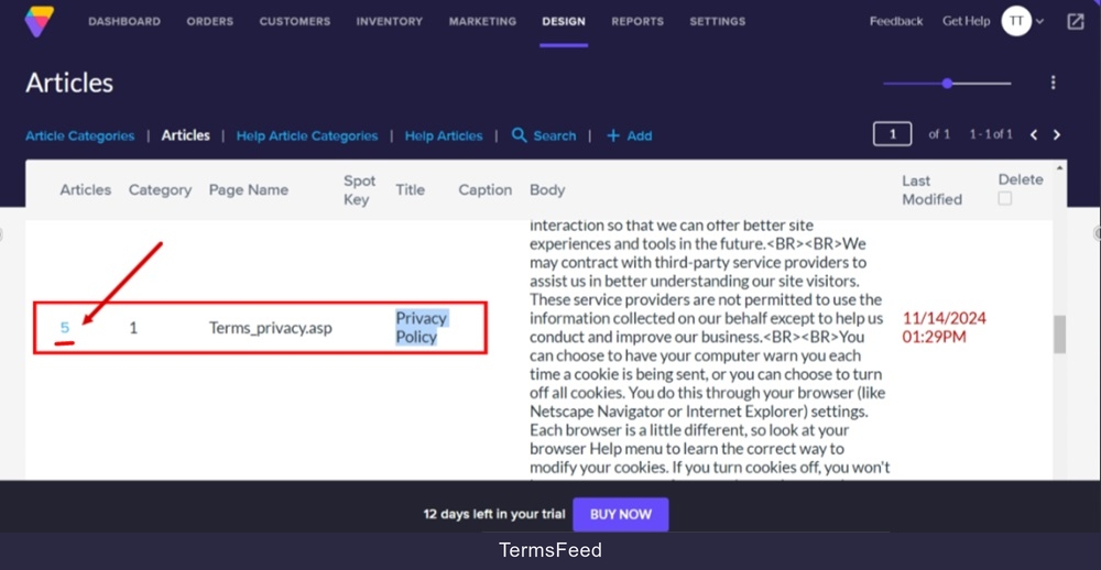 TermsFeed Volusion - Site Content - Articles list - Privacy Policy - ID
