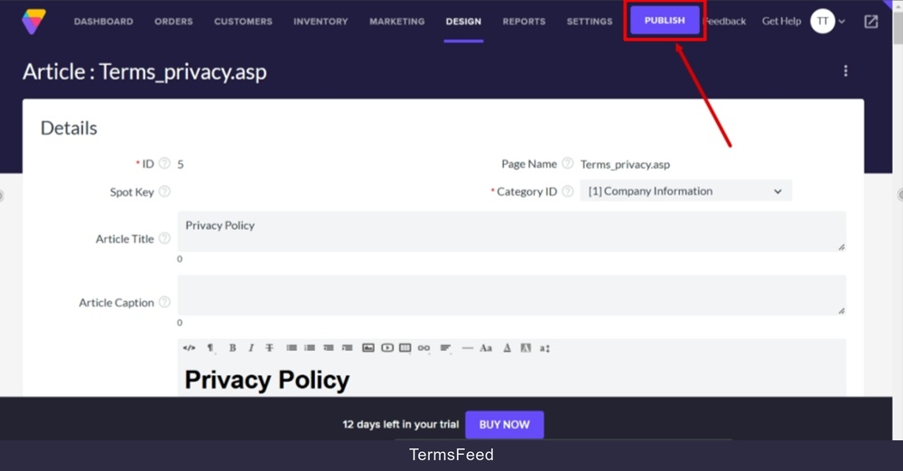 TermsFeed Volusion - Site Content - Articles list - Privacy Policy - Pasted - Saved - Publish