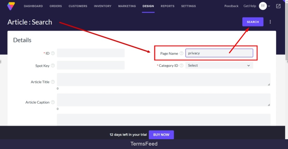 TermsFeed Volusion - Site Content - Articles list - Search - privacy