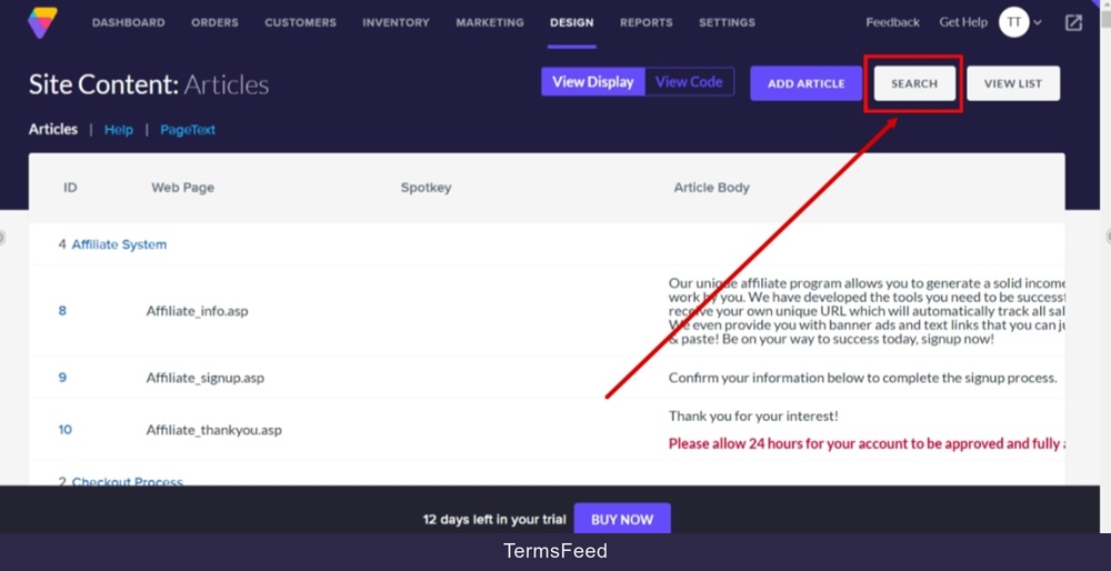 TermsFeed Volusion - Site Content - Articles list - Search