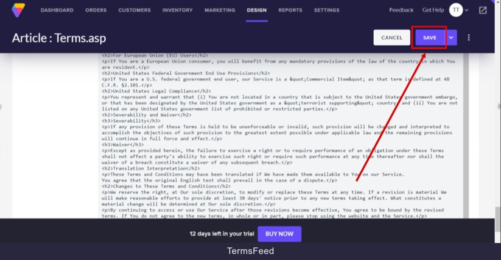 TermsFeed Volusion - Site Content - Articles list - Terms and Conditions - Body - Pasted - Save