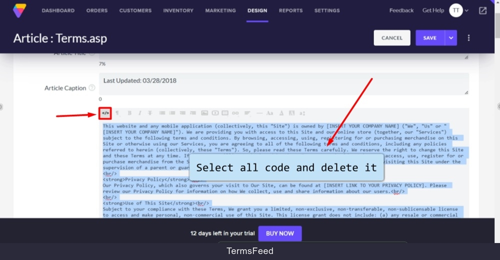 TermsFeed Volusion - Site Content - Articles list - Terms and Conditions - Body - Select all code and delete it
