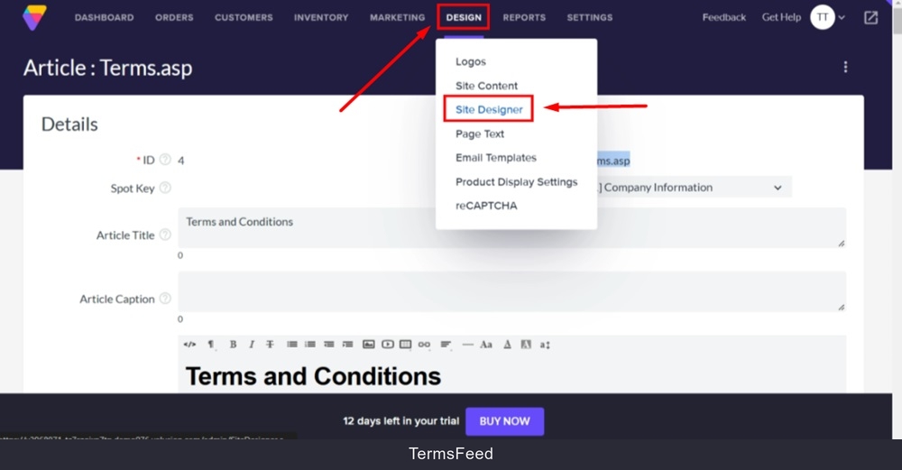 TermsFeed Volusion - Site Content - Articles list - Terms and Conditions - Design - Site Designer