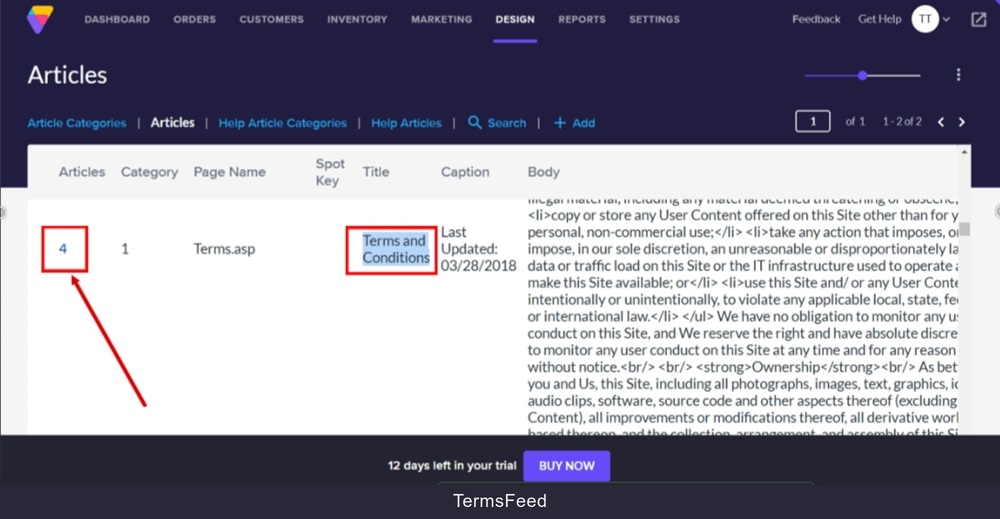TermsFeed Volusion - Site Content - Articles list - Terms and Conditions - ID
