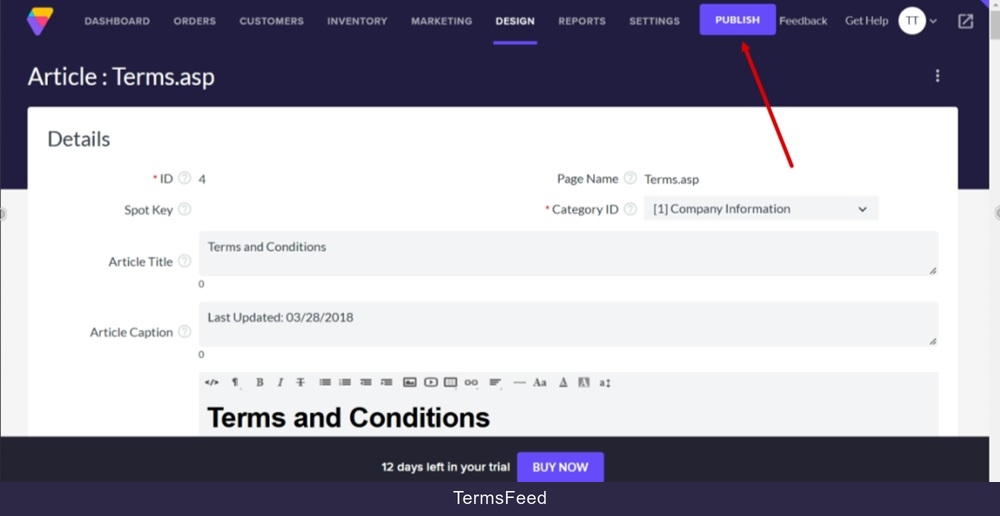 TermsFeed Volusion - Site Content - Articles list - Terms and Conditions - Pasted - Saved - Publish