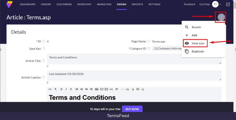 TermsFeed Volusion - Site Content - Articles list - Terms and Conditions - Published - View Live