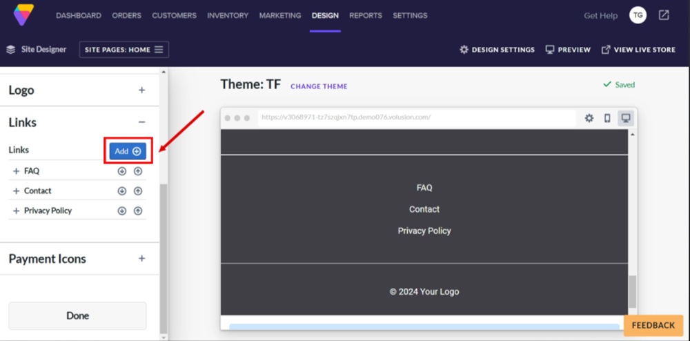 TermsFeed Volusion - Site Designer - Footer block - Links section - Add
