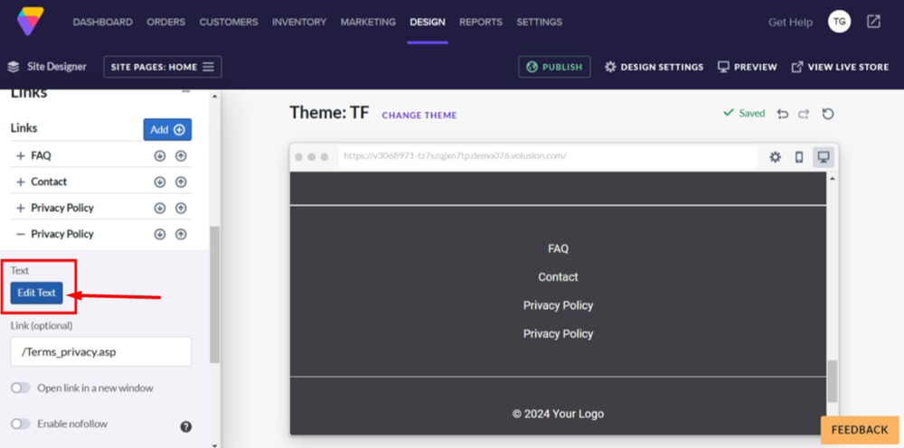 TermsFeed Volusion - Site Designer - Footer block - Links section - Add - copied - open settings - Edit Text