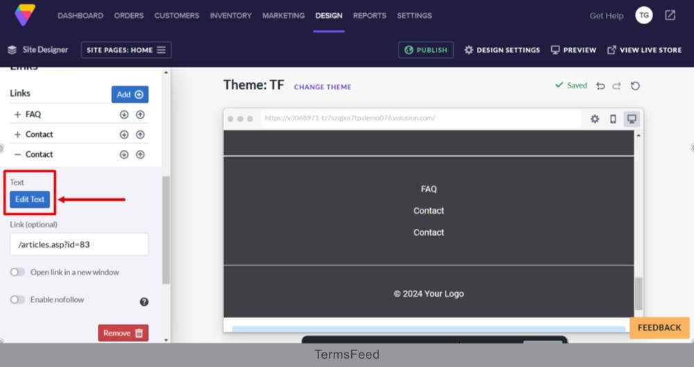 TermsFeed Volusion - Site Designer - Footer block - Links section - Add - copied - open settings - Edit Text