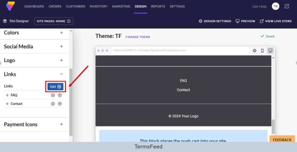 TermsFeed Volusion - Site Designer - Footer block - Links section - Add