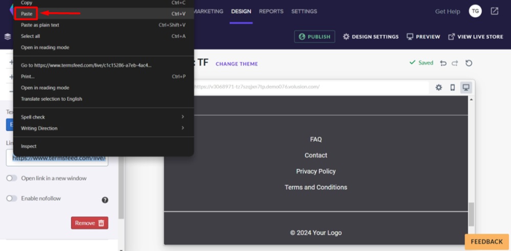 TermsFeed Volusion - Site Designer - Footer block - Links section - Text edited - Paste the Terms and Conditions URL in the Link (optional) field