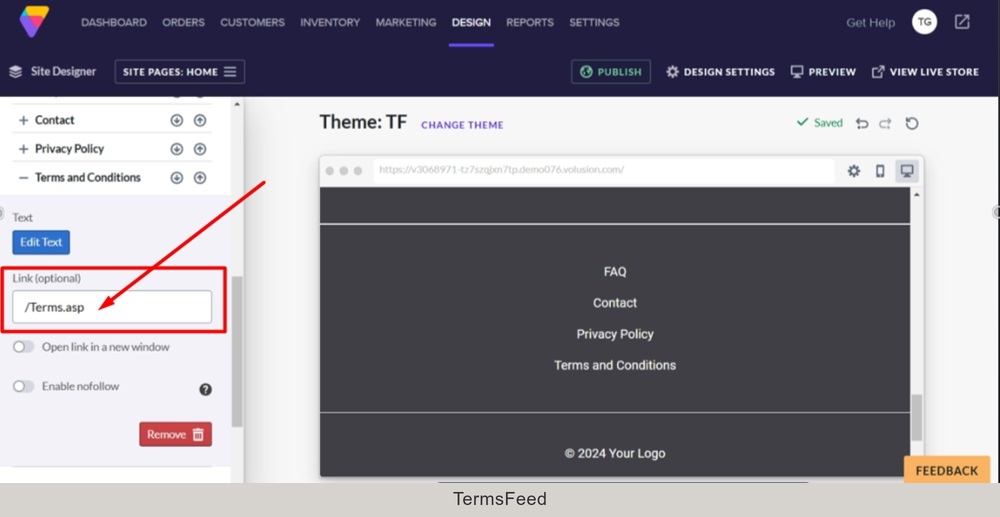 TermsFeed Volusion - Site Designer - Footer block - Links section - Text edited - Paste the Page Name path in the Link (optional) field