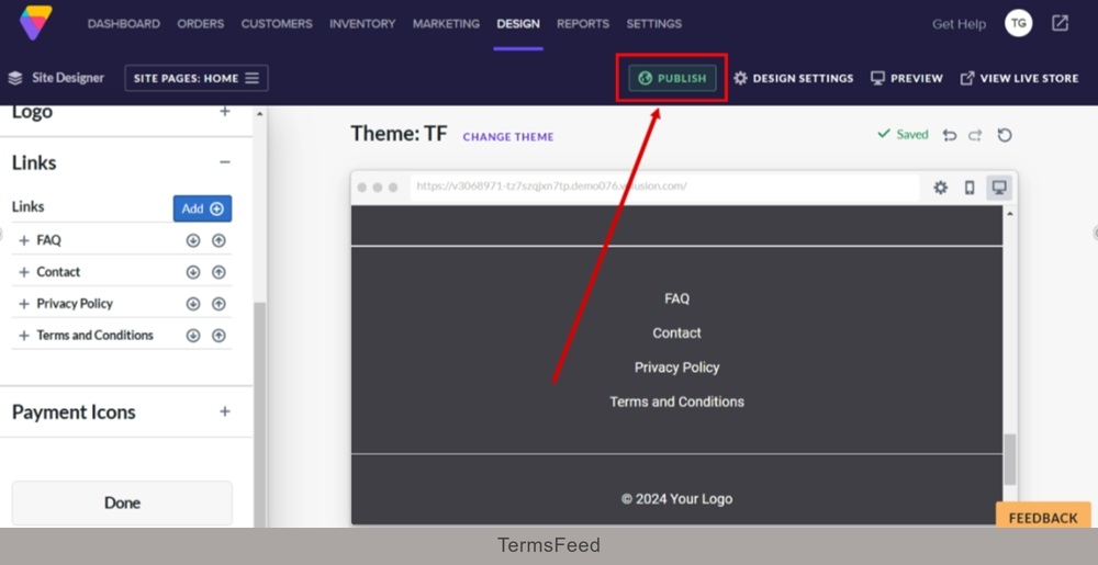 TermsFeed Volusion - Site Designer - Footer block - Links section - Text edited - Pasted link - Publish