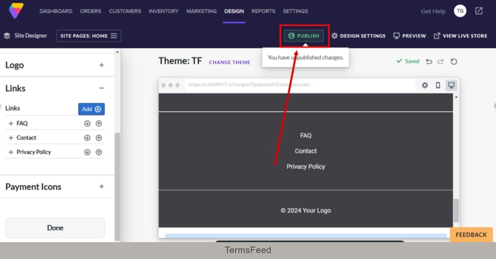 TermsFeed Volusion - Site Designer - Footer block - Links section - Text edited - Pasted link - Publish