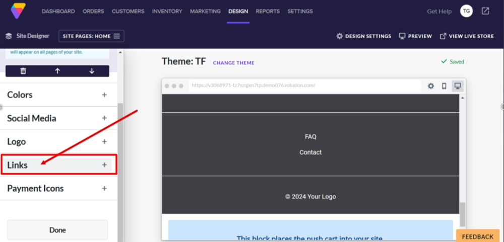 TermsFeed Volusion - Site Designer - Footer block - Links section