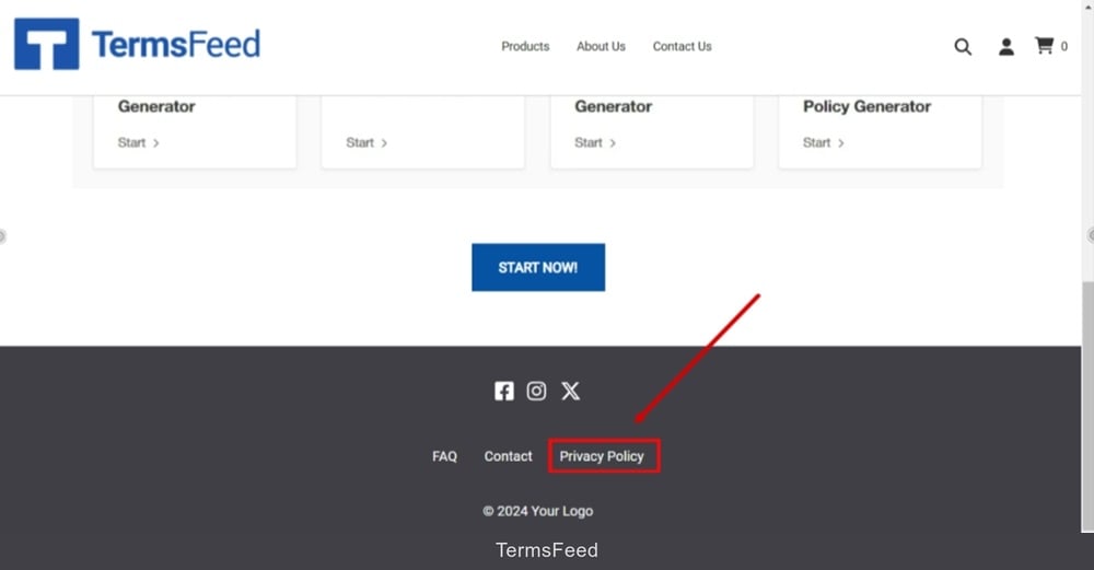 TermsFeed Volusion - Published - Footer section with Privacy Policy page linked and displayed