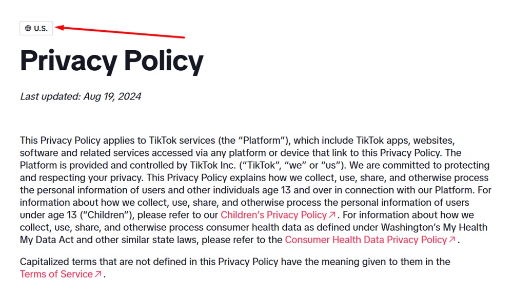 TikTok Privacy Policy intro section with language and location selection highlighted