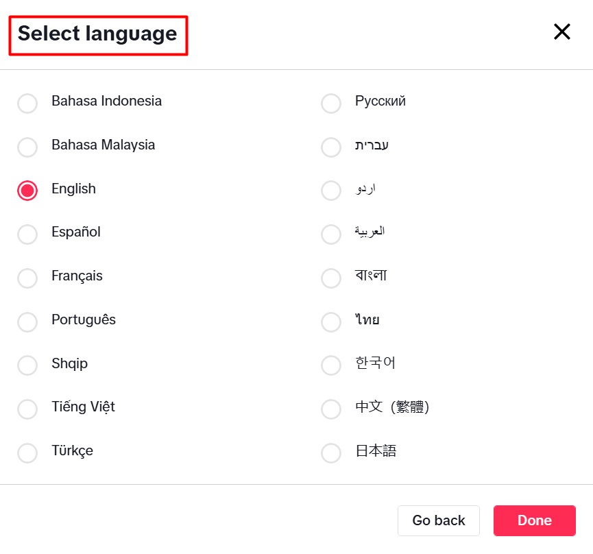 TikTok Privacy Policy language selection-button menu
