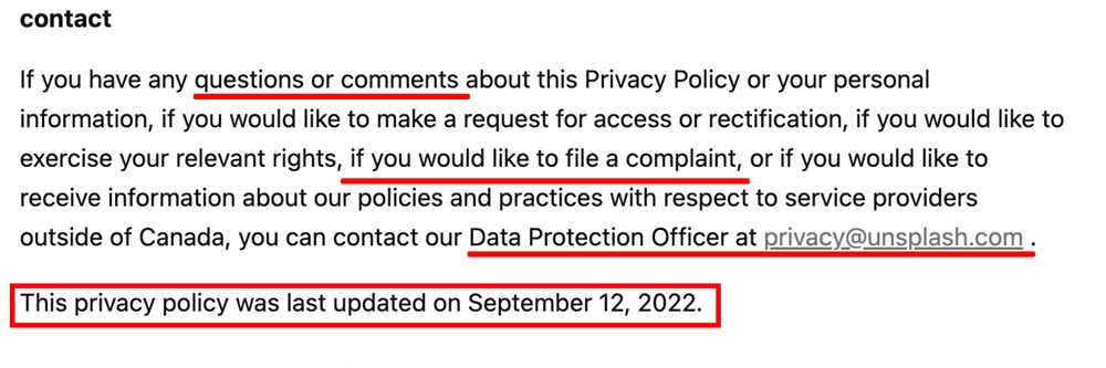 Unsplash Privacy Policy: Contact clause