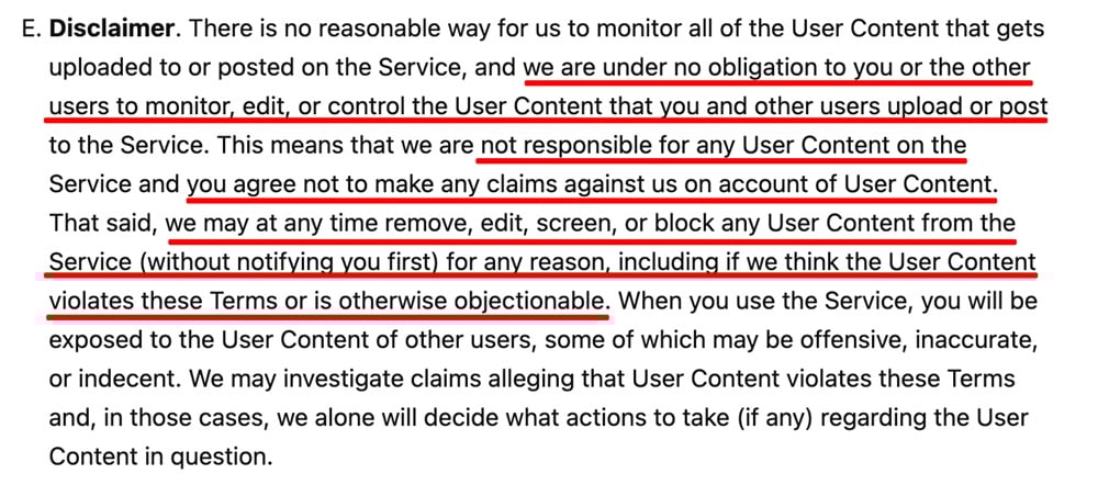 Unsplash Terms and Conditions: Disclaimer clause