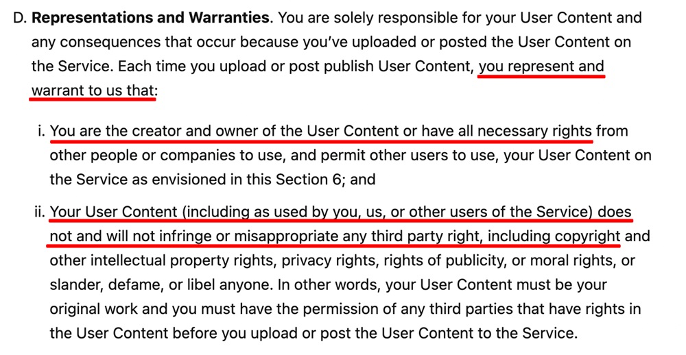 Unsplash Terms and Conditions: Representations and warranties clause