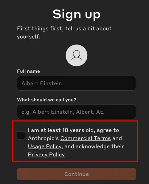 Anthropic API Sign up form