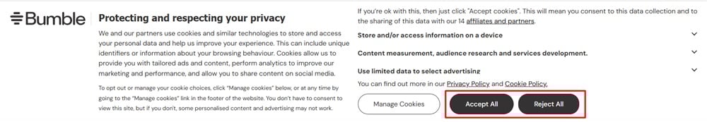 Bumble Cookie Consent Banner