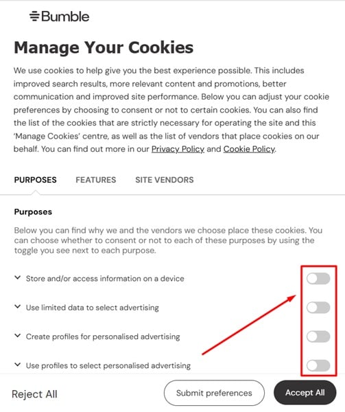 Bumble Cookie Preference Center with toggle buttons highlighted