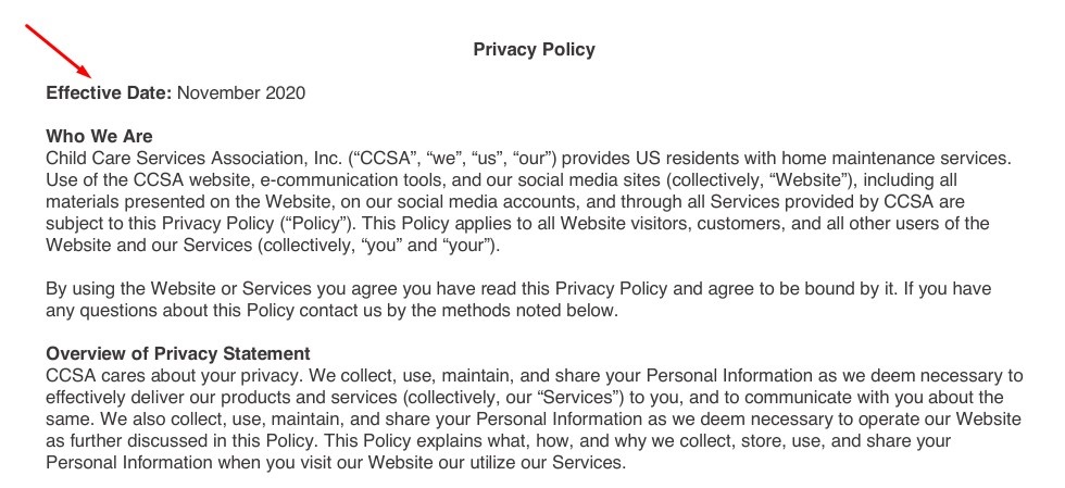 Child Care Services Association Privacy Policy effective date