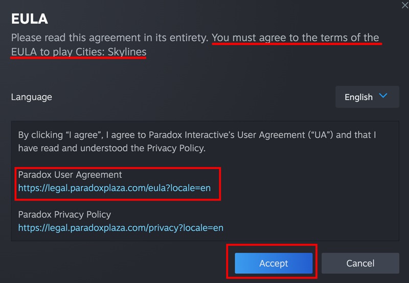 Cities Skylines Accept EULA form