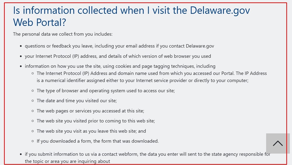 Delaware gov Privacy Policy Information collected clause