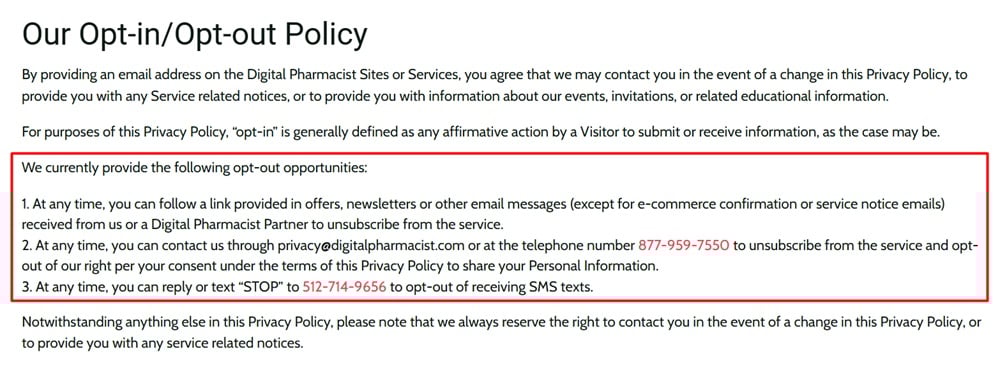 Digital Pharmacist Privacy Policy: Our Opt-in/Opt-out Policy clause