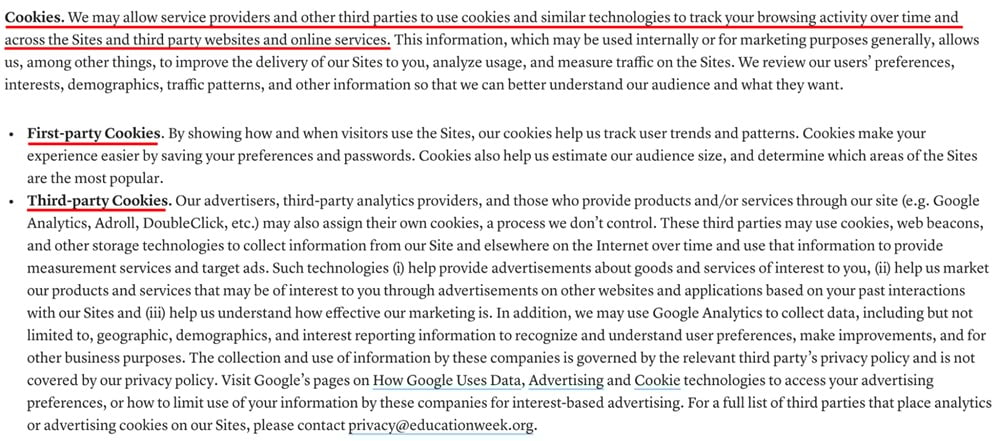 Education Week Privacy Policy: Cookies clause