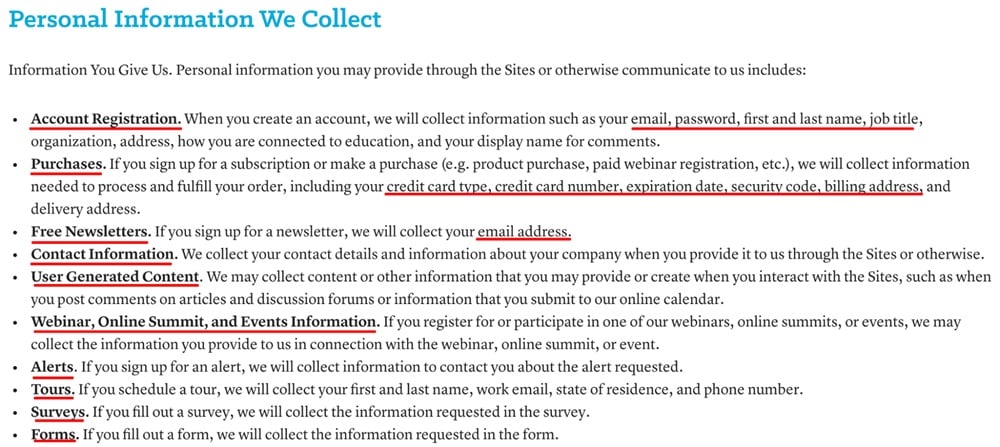 Education Week Privacy Policy: Personal information collect clause