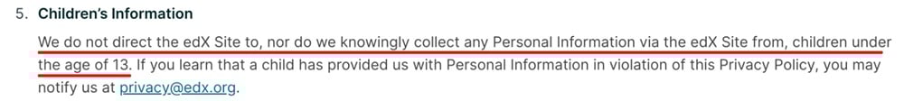 edX Privacy Policy: Childrens information clause