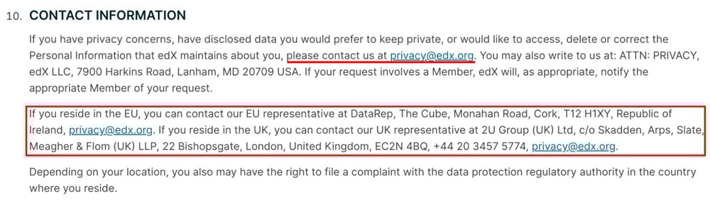 edX Privacy Policy: Contact clause