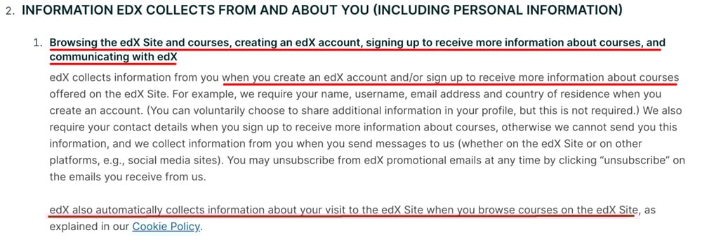 edX Privacy Policy: Information collect clause