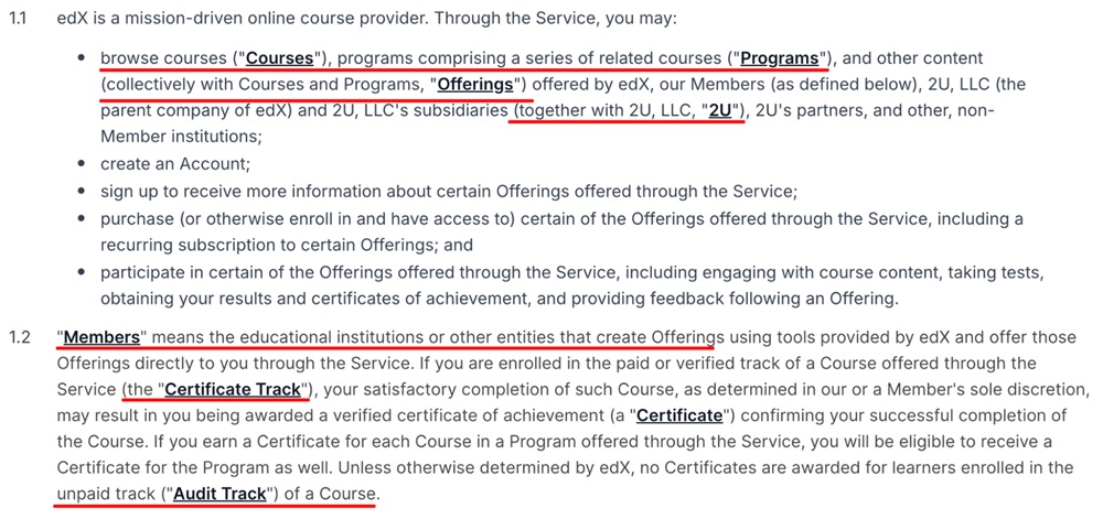 edX Terms of Service Definitions clause