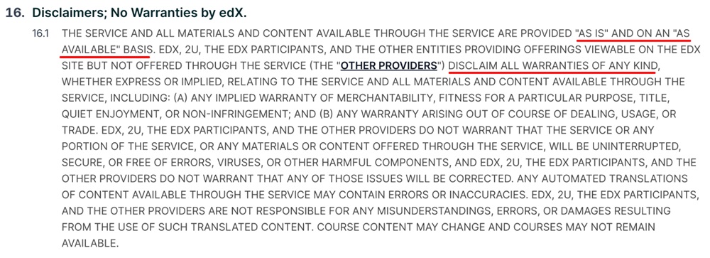 edX Terms of Service disclaimers and warranties clause