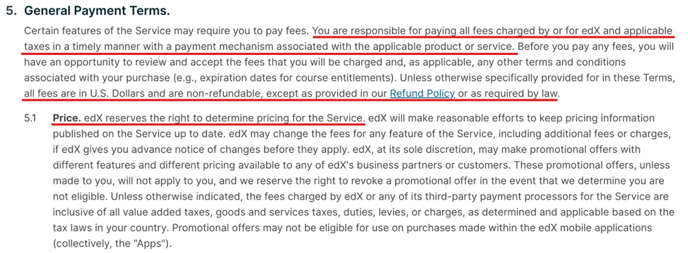 edX Terms of Service Payment terms clause