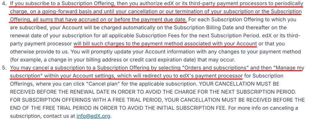 edX Terms of Service subscription clause