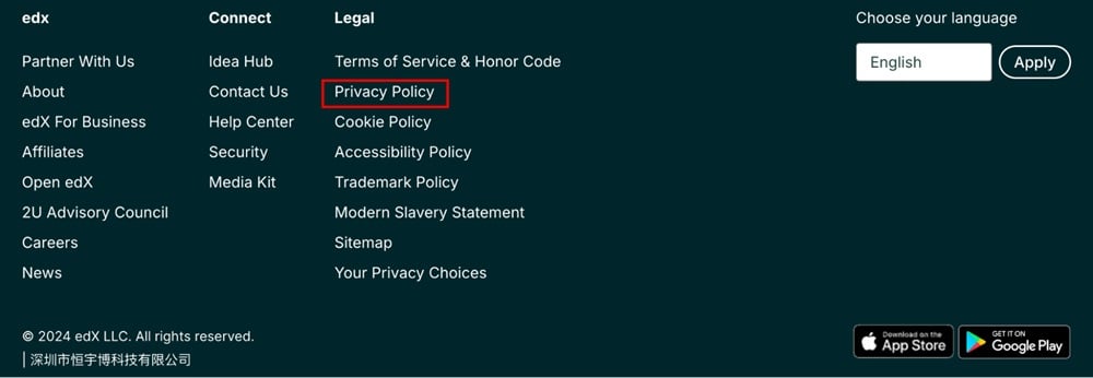 edX website footer with Privacy Policy link highlighted