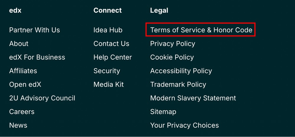edX website footer with Terms link highlighted