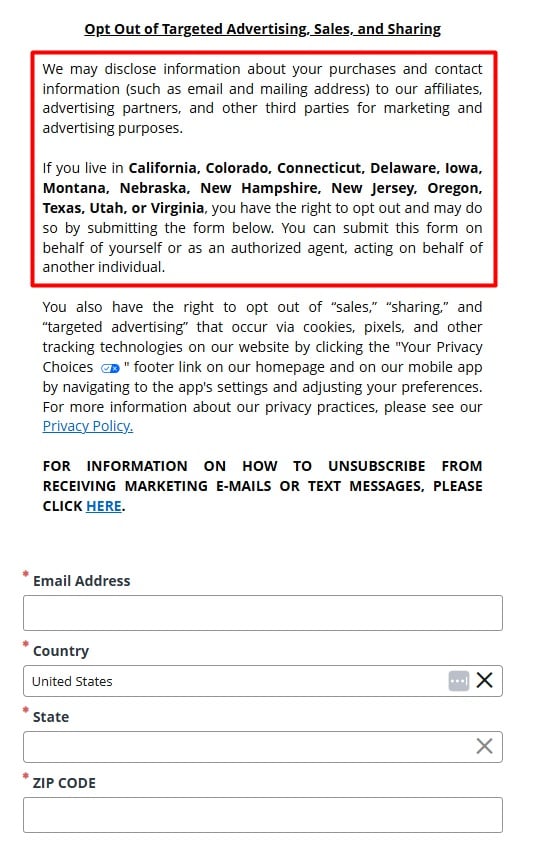 Forever 21: Opt Out of Targeted Advertising, Sales, and Sharing