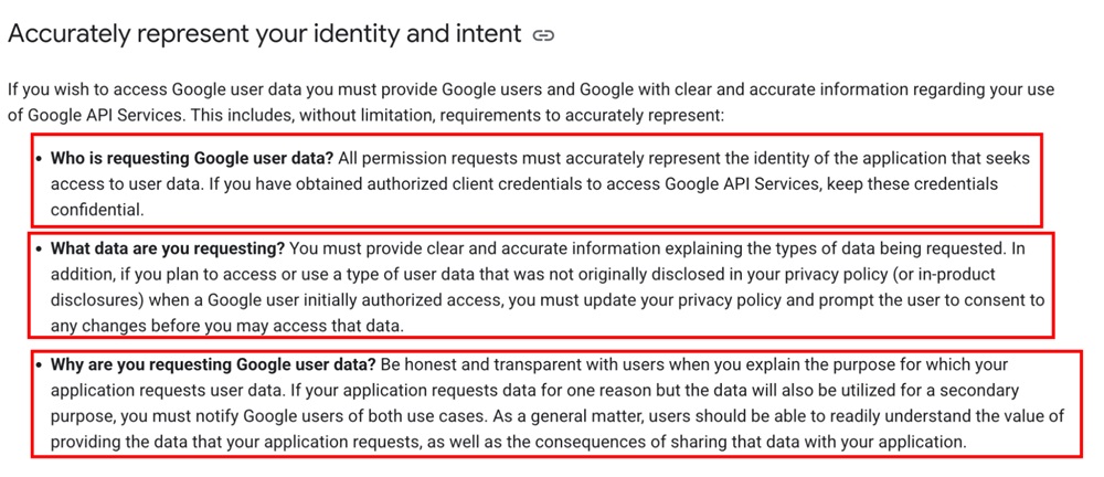 Google API Services User Data Policy: Accurately represent identity excerpt