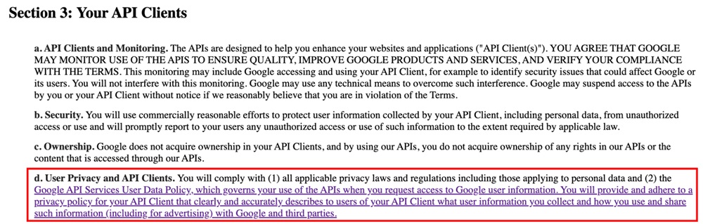 Google API Terms of Service: API Clients clause