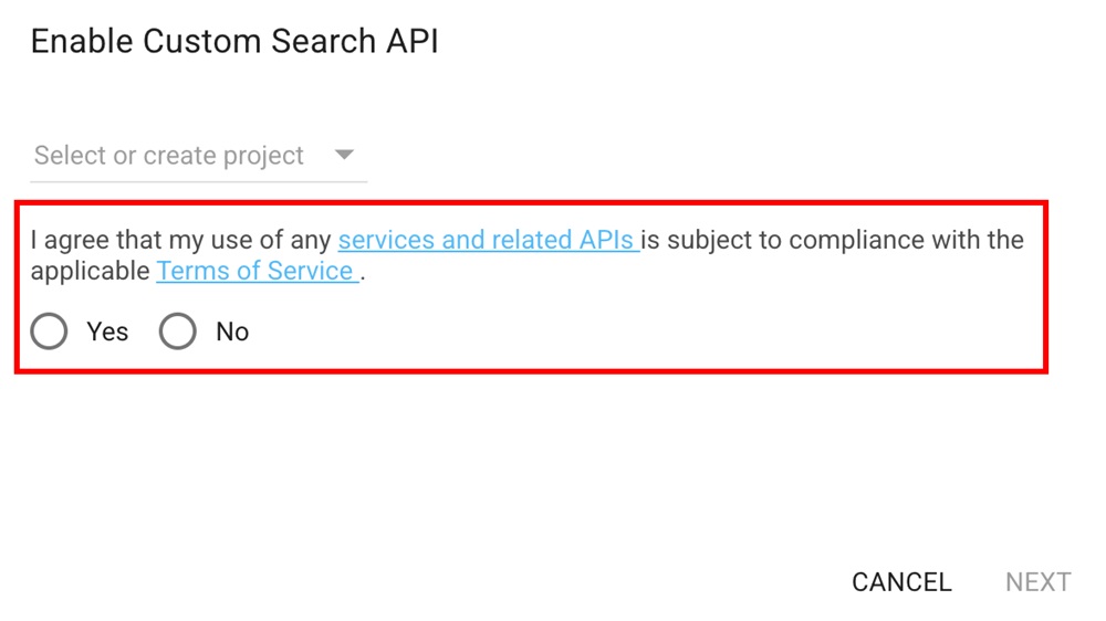 Google Search API agree form