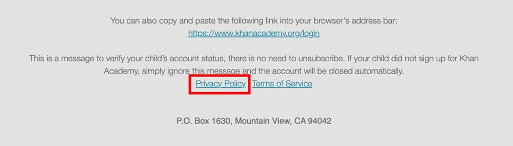 Khan Academy email footer with Privacy Policy link highlighted