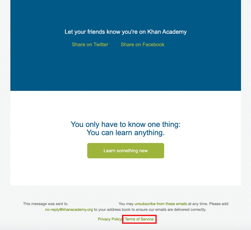 Khan Academy email footer with Terms link highlighted